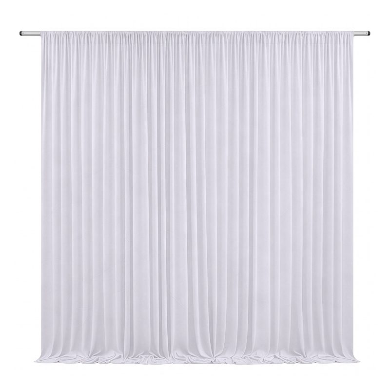 Front view of white spandex backdrop curtain hanging flat across backdrop pole