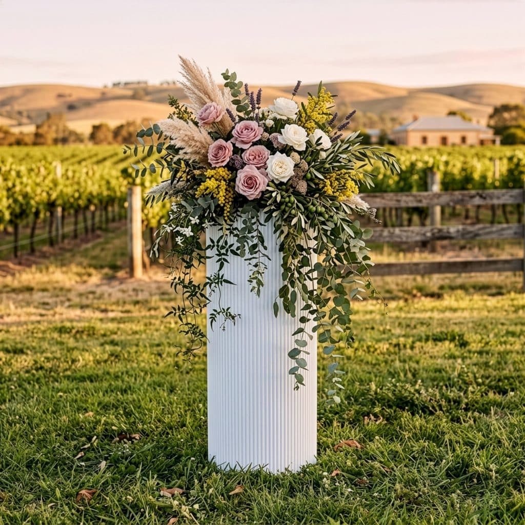White ripple plinth styled with floral arrangement for event display