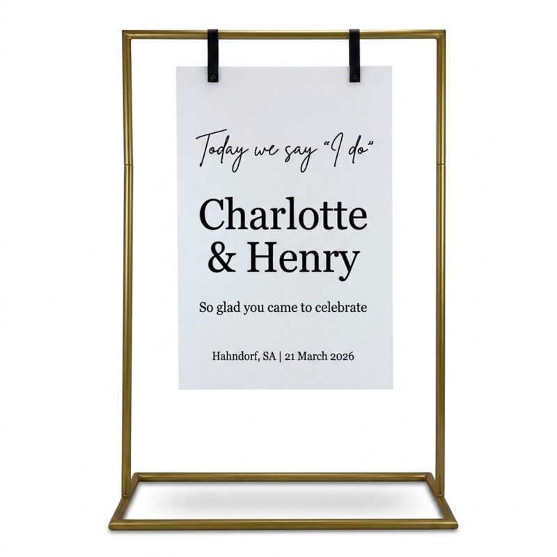 Example wedding welcome sign design shown on gold signage stand, acrylic board sold blank