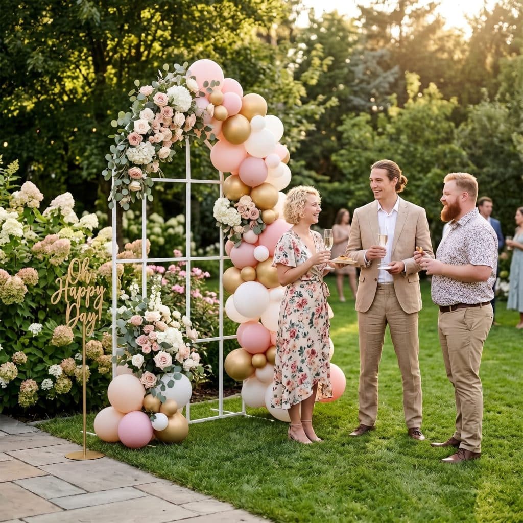 Guests beside a white windowpane arch backdrop stand styled with florals and a balloon garland at an outdoor garden event in Australia