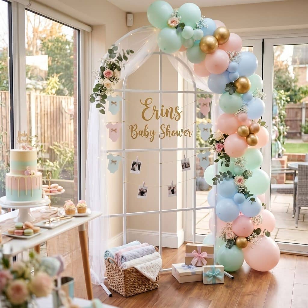 Windowpane arch backdrop stand styled for a baby shower with pastel balloons, tulle, signage and hanging photos